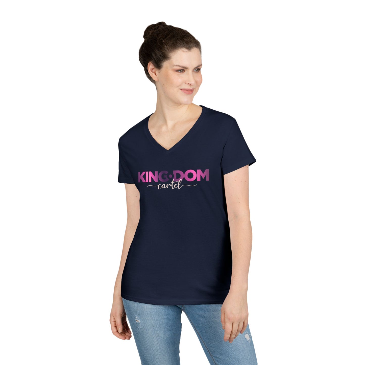 Ladies' V-Neck T-Shirt - 'KING:DOM' Graphic Tee for Empowerment, Comfortable Casual Wear, Gifts for Her, Statement Top, Birthday Present