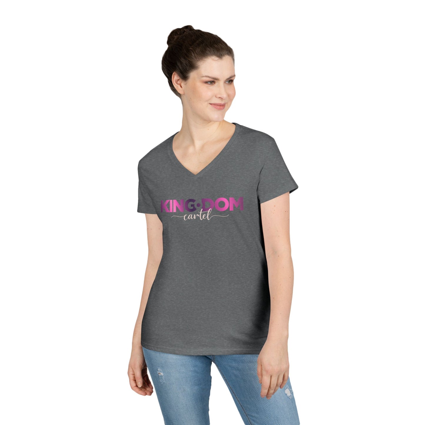 Ladies' V-Neck T-Shirt - 'KING:DOM' Graphic Tee for Empowerment, Comfortable Casual Wear, Gifts for Her, Statement Top, Birthday Present