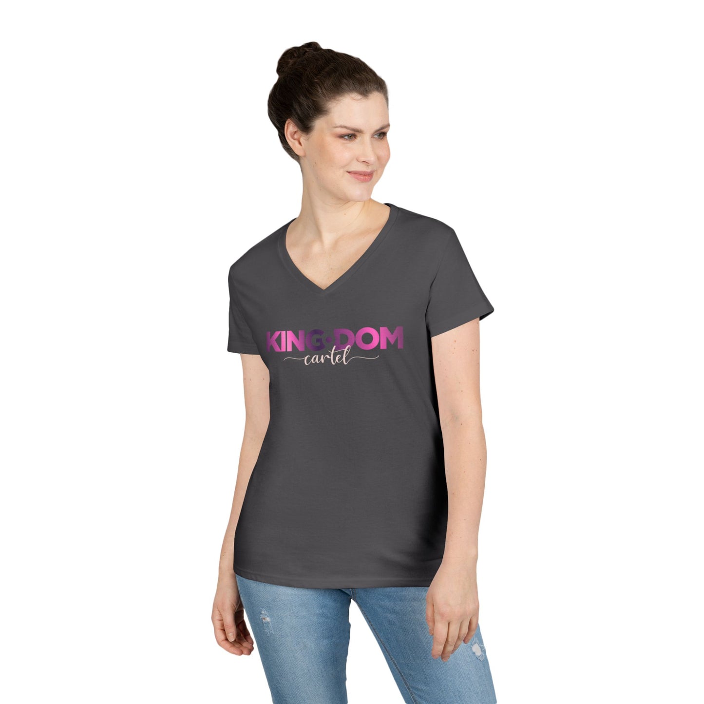 Ladies' V-Neck T-Shirt - 'KING:DOM' Graphic Tee for Empowerment, Comfortable Casual Wear, Gifts for Her, Statement Top, Birthday Present